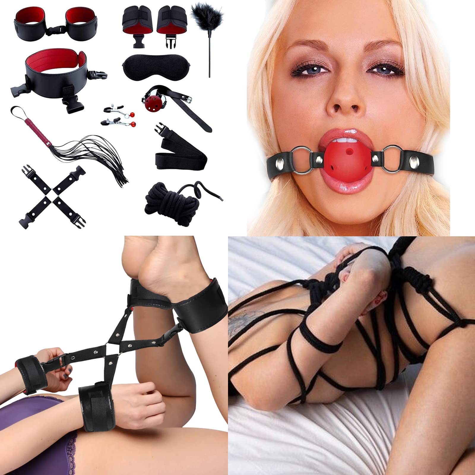 Sex Bondage Restraint Kits, Sex Play BDSM Bondage Leather Sets ,Adult  Bondage Nipple Clamp Whip Restraint with Ankle Cuff for Women Couples(8 pcs  )