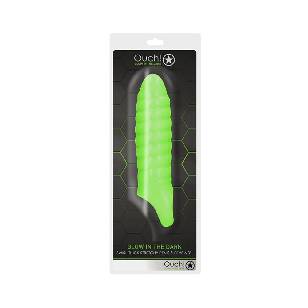 A glow-in-the-dark, textured, neon green stretchy sleeve packaged in a clear plastic and black cardboard box by the brand Ouch!