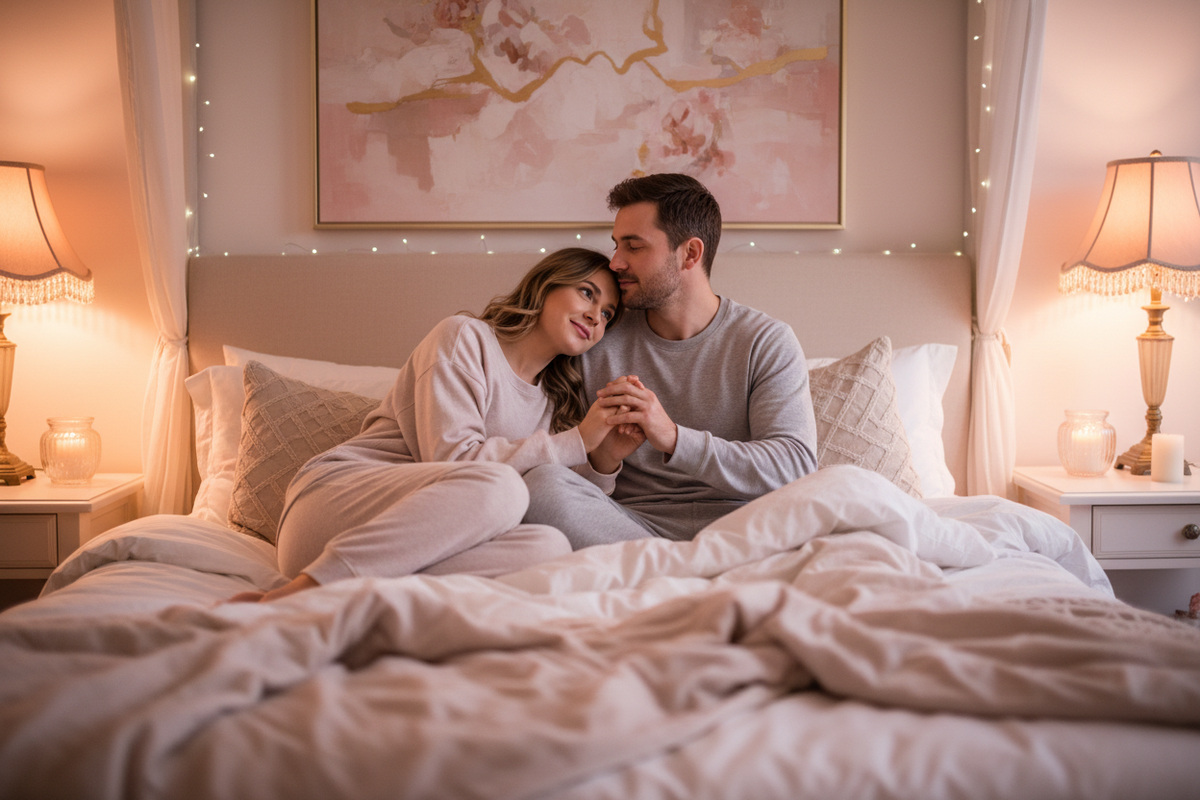 A romantic photo of a couple in pajamas holding hands and embracing on a large, cozy bed in a softly lit bedroom.