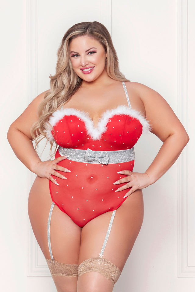 Rhinestone Studded Mesh Teddy With Marabou Trim -  X-Large - Red
