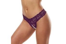 Secret Kisses Lace And Pearls Crotchless Thong-Purple Sm-Boxed