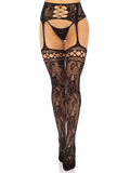 French rose lace backseam stockings with attached garter belt.