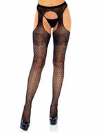 Polka dot fishnet suspender hose with lace top and cuban heel.