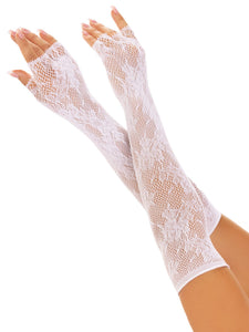 Seamless opera length floral net fingerless gloves.