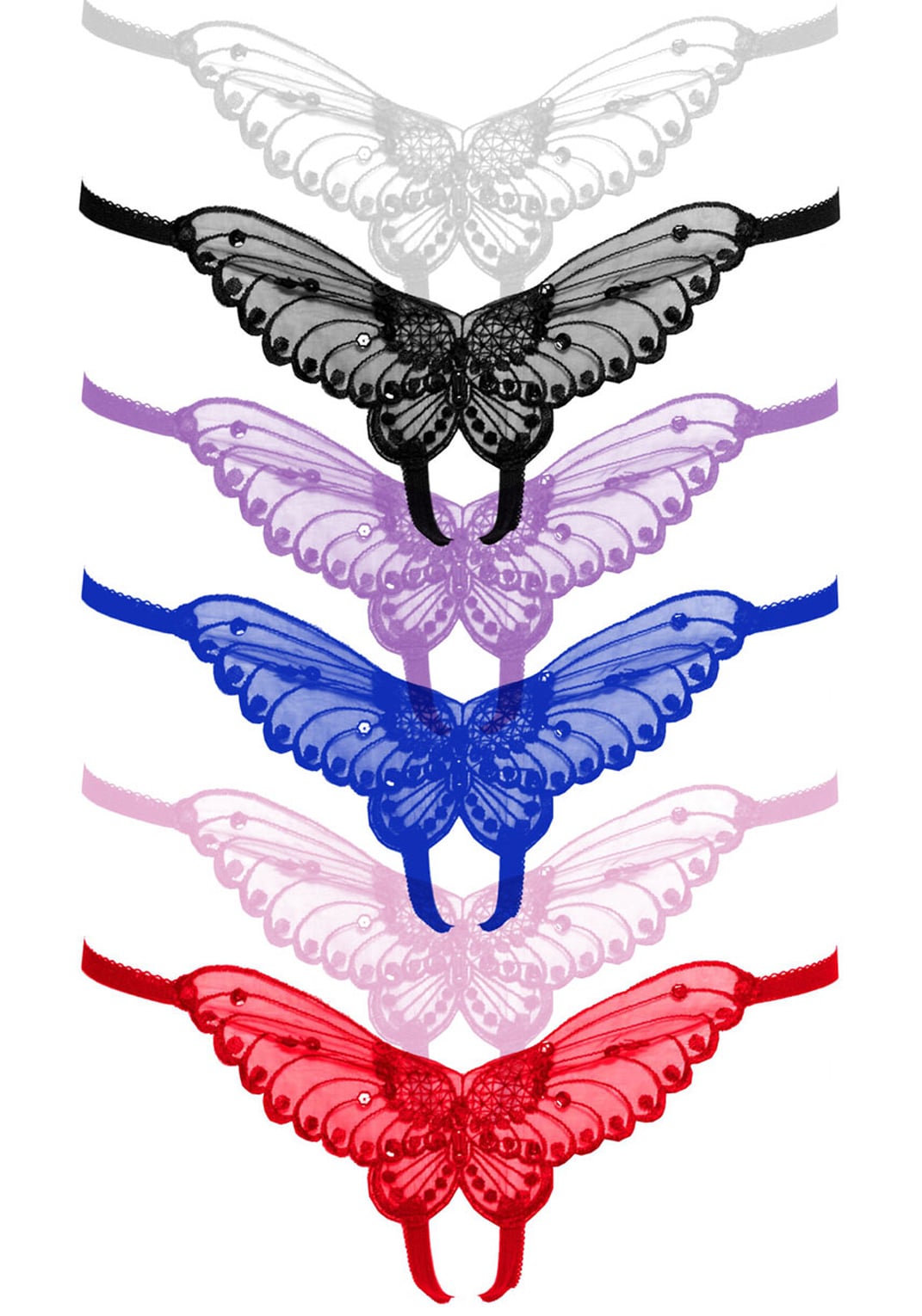 Sheer Butterfly Applique Crotchless Panty with Pearl and Sequin Detail