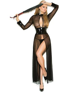 Elegant Moments Womens Mesh & Vinyl Long Sleeve Gown & G-String 2Pc Set Only, Black, Medium