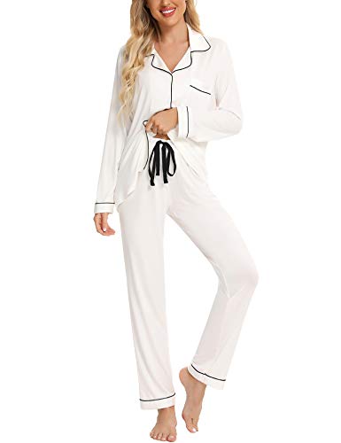 Anjue Pajamas Sleepwear Sets for Wedding White Lounge Set Womens Pajama Set Button Down Sleep Sets Soft Cotton Sleepwear(White,