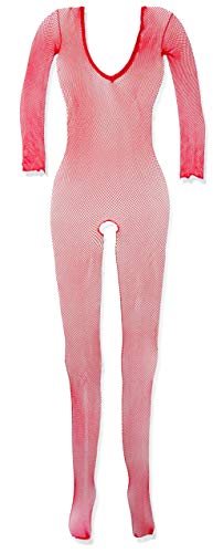 Long Sleeve Fishnet Bodystocki Red O/S