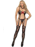 Elegant Moments Lace Suspender Bodystocking Embellished With Bows And Matching G-String. Em-1332 Black