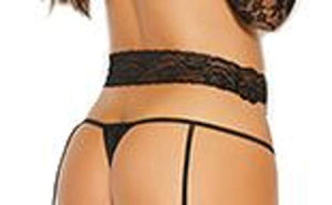 Lace Thong W/Attached Garters Black S/M