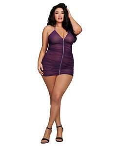 Dreamgirl Women'S Plus Stretch Mesh Chemise With Shirring Details, Plum, One Size-Queen