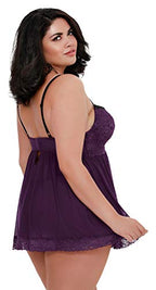 Dreamgirl Women'S Plus Size Flirty Mesh & Lace Babydoll With Matching G-String, Plum, 1X