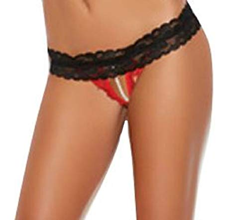 Lace & Pearl Cut Out G-String Black/Red L/Xl