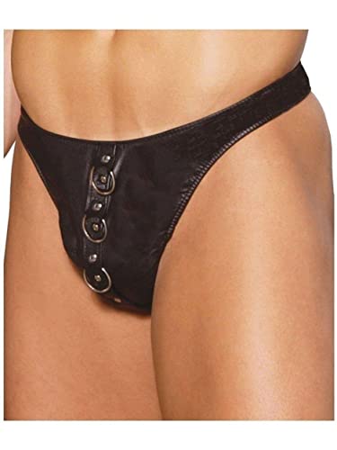 Mens Leather Thong With O Rings - O/S - Black