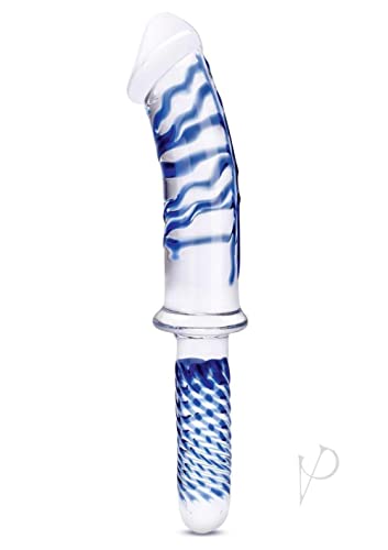 11 Inch Realistic Double Ended Glass Dildo With  Handle - Blueclear