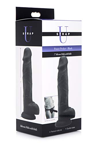 Strap U Power Pecker 7&quot; Silicone Dildo With Balls - Black,1 Count, 123312