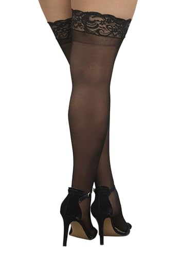 Dreamgirl Women'S Plus Size Sheer Thigh High Pantyhose, Hosiery, Nylons, Stockings With Comfort Lace Top Anti-Slip Silicone Elastic Band, Black