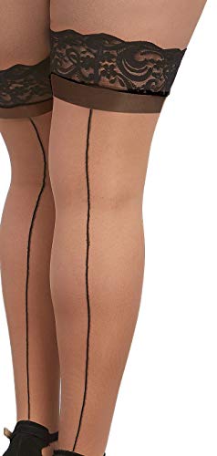 Dreamgirl WomenS Plus Size Cuban Heel Sheer Stay-Up Thigh High Stockings With Contrast Seam Detail