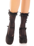 Lace ruffle nylon anklet with mini bow and heart accents.