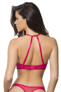 High Neck Bra With Diagonal Eyelash Lace Panels - Small - Bright Rose