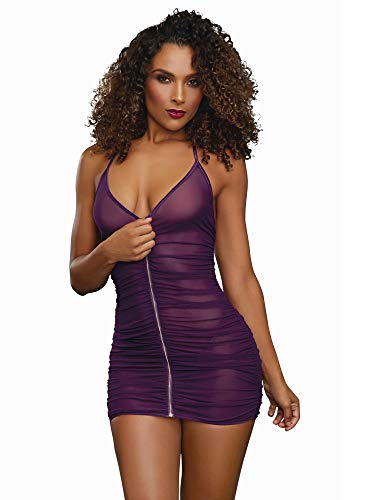 Dreamgirl Women'S Stretch Mesh Chemise With Shirring Details And G-String Set, Plum, One Size