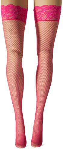 Dreamgirl Womens Neon Fishnet Thigh High Stockings With Silicone Lace Top And Back Seam Hosiery, Hot Pink, 1 Count Us