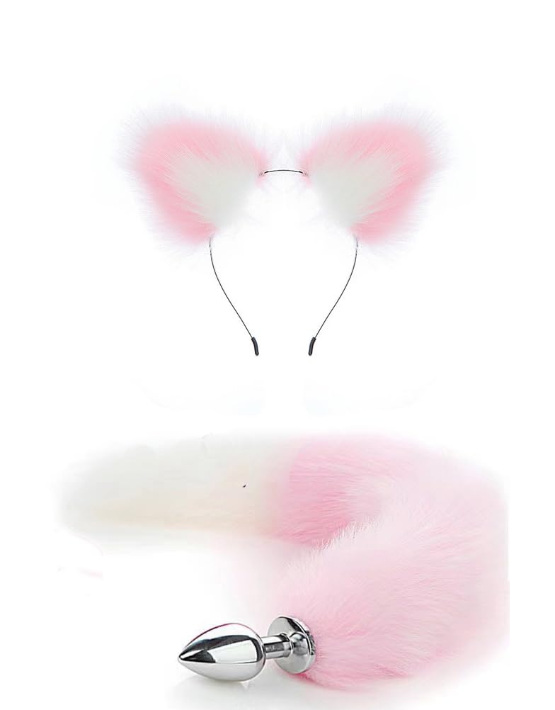 OOIIXX Anal Plug with Sexy Tail for Cosplay, Adult Sex Toys of Stainless Steel Anal Plug (Pink-White Kit, Medium)
