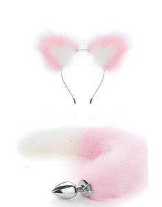 OOIIXX Anal Plug with Sexy Tail for Cosplay, Adult Sex Toys of Stainless Steel Anal Plug (Pink-White Kit, Large)