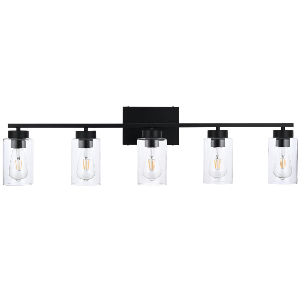 A1A9 5 Light Bathroom Vanity Light Fixtures, Matte Black Modern Wall Lights With Clear Glass Shade, Vintage Wall Sconce Lighting