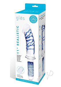 11 Inch Realistic Double Ended Glass Dildo With  Handle - Blueclear