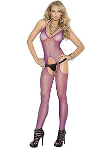 Elegant Moments Tie Neck Fishnet Suspender Bodystocking - Purple - One Size