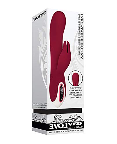 Evolved Love Is Back - Inflatable Rechargeable Silicone Bunny - Over 60 Function Combinations - G-Spot Tip Vibraties & Inflates To Almost 2 Inches - Burgundy
