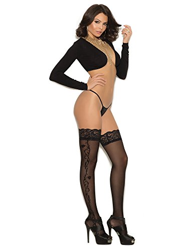 Elegant Moments Em-1185 Sheer Lace Top Thigh Hi With Floral Applique Black / O/S