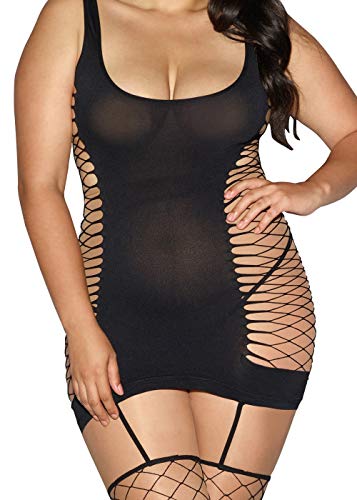 Dreamgirl Womens Plus Size Opague And Fence Net With Attached Thigh Highs Garter Dress Bodystockings, Black, 1X-3X Us