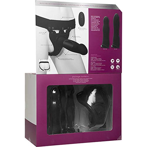 Doc Johnson Body Extensions - Be Naughty - Hollow Strap-On System - Remote Operated Vibrating Silicone Harness With Elastic Waist Band And 3 Hollow Dildos