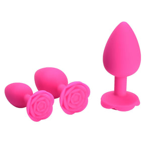 Anal Butt Plug Rose Sex Toy, 3Pcs Silicone Anal Plugs Training Set,Training Set with Flared Base Prostate Sex Toys for Beginners