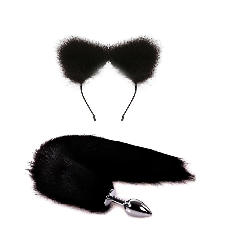 OOIIXX Anal Plug with Sexy Tail for Cosplay, Adult Sex Toys of Stainless Steel Anal Plug (Black Kit, Medium)