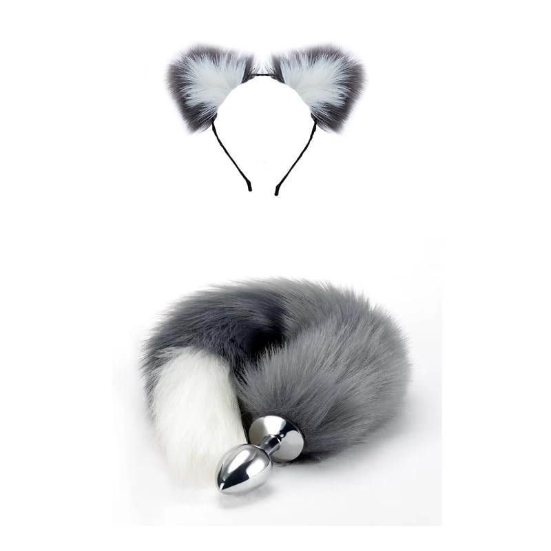 OOIIXX Anal Plug with Sexy Tail for Cosplay, Adult Sex Toys of Stainless Steel Anal Plug (Gray-White Kit, Medium)