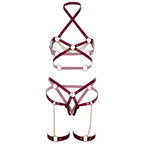 2 Pc Vegan Leather Heart Ring Studded Harness Bra Top With Chain Accent And Coordinating Thigh Garter Harness.