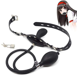 BDSM SM Open Mouth Gag Inflatable Silicone Ball Gag Mouth Plug with Lock for Men Women Gay, Adjustable Fetish Head Harness for A
