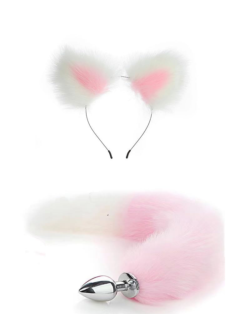 OOIIXX Anal Plug with Sexy Tail for Cosplay, Adult Sex Toys of Stainless Steel Anal Plug (White-Pink Kit, Medium)