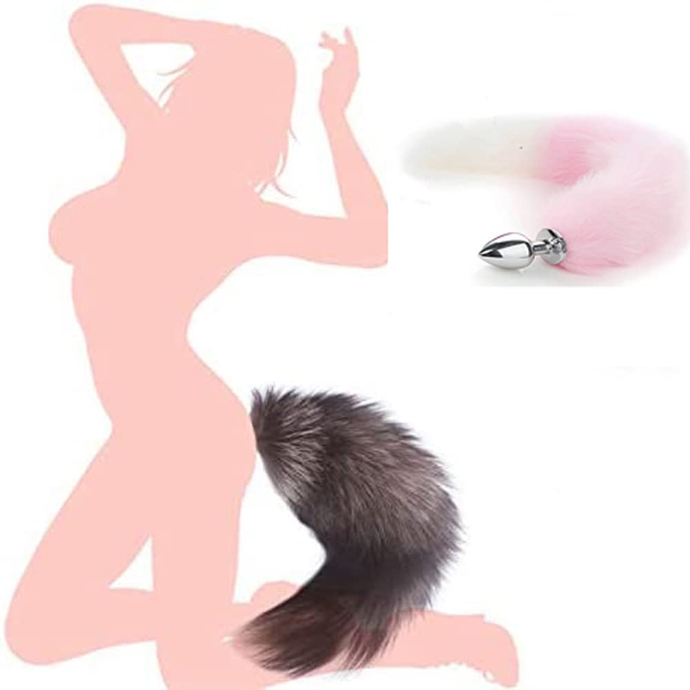 OOIIXX Anal Plug with Sexy Tail for Cosplay, Adult Sex Toys of Stainless Steel Anal Plug (Pink-White Kit, Large)