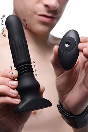 Thunderplugs Swelling And Thrusting Dildo Butt Plug With Remote Control, Premium Silicone Vibrating Toy For Men, Women, Adult Couples, Waterproof, 3 Speed, 5 Vibration Patterns, Black, 7.75 Inch