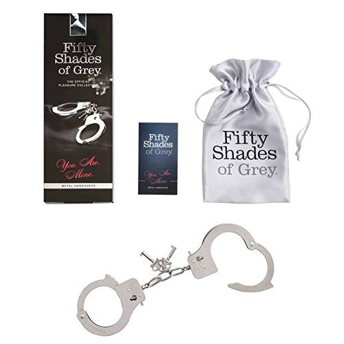 Fifty Shades Of Grey You Are Mine Metal Handcuffs - Lockable Handcuffs With 2 Keys & Quick Release - Adjustable Sexy Handcuffs For Couples With Satin Bag - Silver