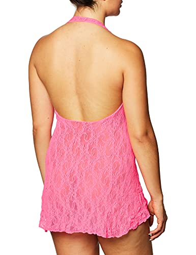 Elegant Moments Sexy Lace Halter Mini Dress Sleepwear Night Gown Lingerie Neon Pink
