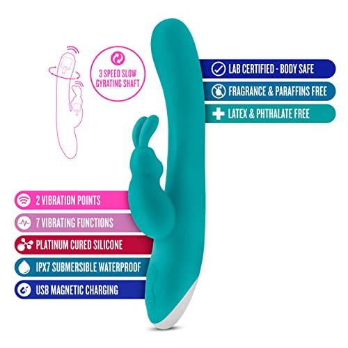 Blush Hop Rave Rabbit Plus - Pleasure Massager For Women - Wireless Rabbit Vibrator Dildo - Female Sexual Wellness - Vibrating Gyrating Shaft - Personal Vibrator -Personal Adult Sex Toy - Aquamarine