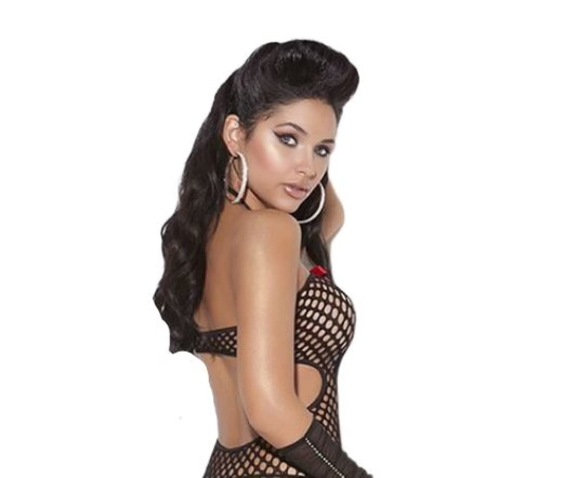 Elegant Moments womens Crochet With Halter Neck and Satin Bow adult exotic lingerie bodystockings, Black, One Size US