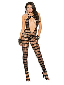 Elegant Moments Striped Diamond Net Bodystocking Black