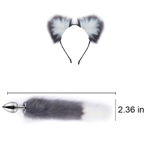 OOIIXX Anal Plug with Sexy Tail for Cosplay, Adult Sex Toys of Stainless Steel Anal Plug (Gray-White Kit, Large)