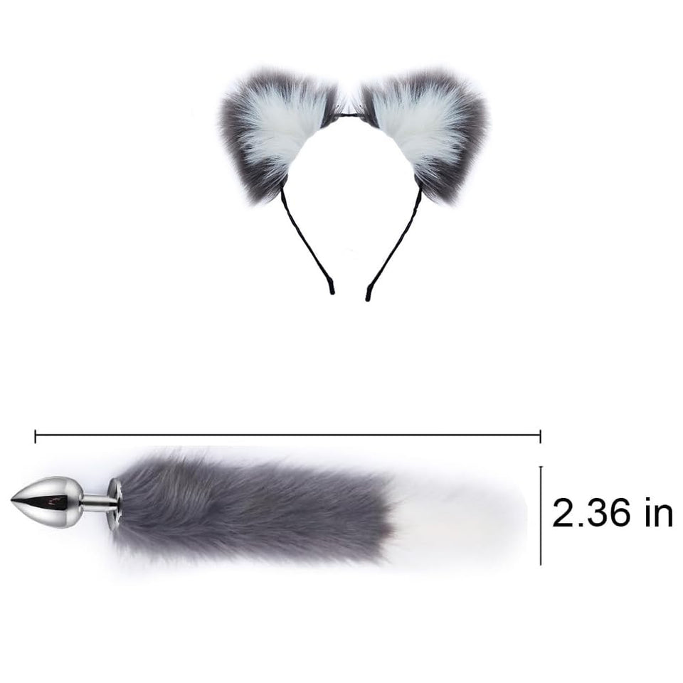 OOIIXX Anal Plug with Sexy Tail for Cosplay, Adult Sex Toys of Stainless Steel Anal Plug (Gray-White Kit, Large)